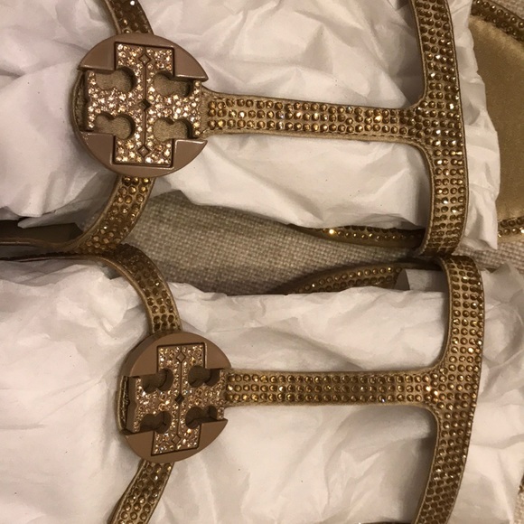 Tory Burch Gold Tone Rhinestone/Crystal sandals. - Picture 5 of 6